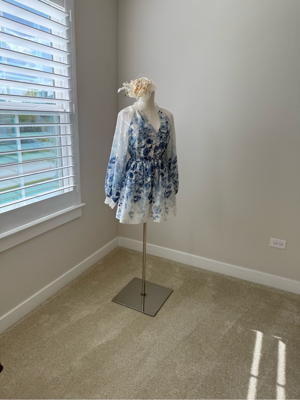 Anthropologie Blue & White Floral Mini Dress with Lace Trim - Picture 5 of 12